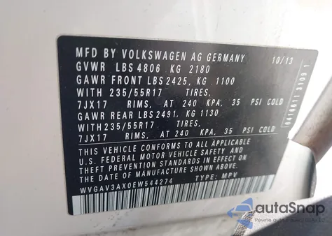 2014 Volkswagen Tiguan Se z USA, uszkodzony, nr VIN WVGAV3AX0EW544274